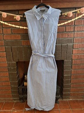 Banana Republic Blue and White Striped Sleeveless Midi Shirt Dress